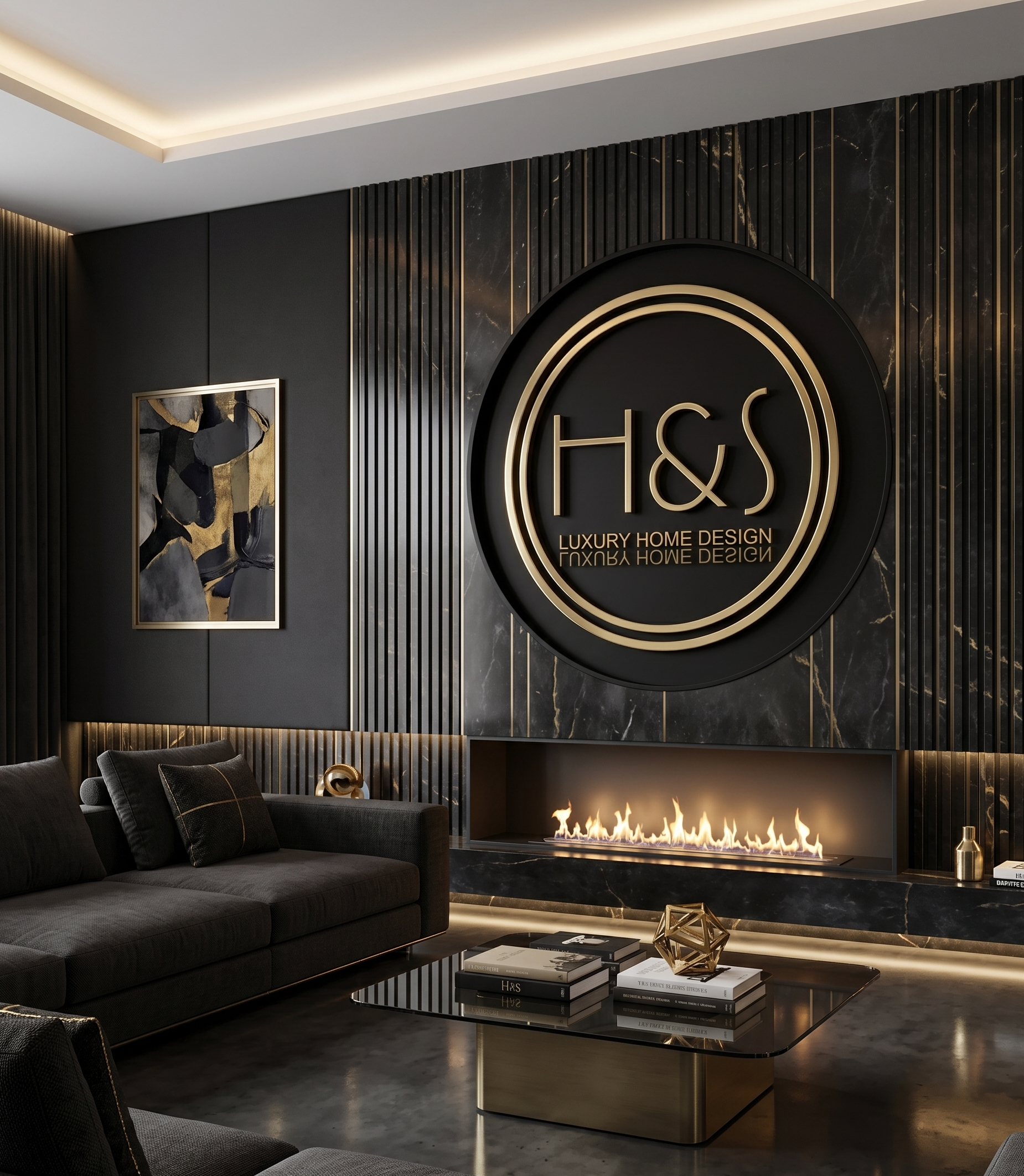 Aménagement de salon de luxe moderne au Maroc avec canapé noir et habillage mural or par Home & Sofa