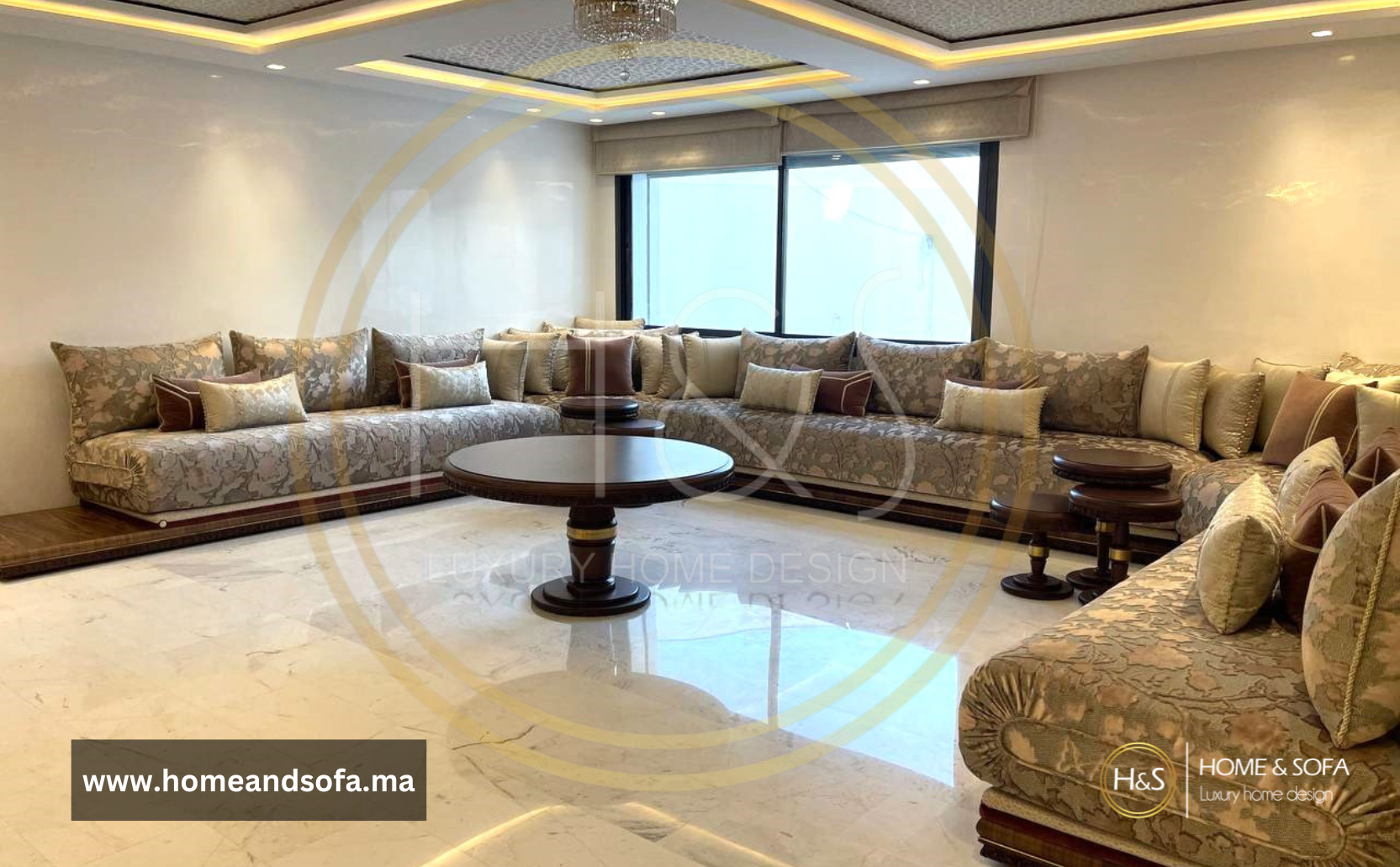 Grand Ensemble Canapé Marocain En Velours Noir – 6 Places Avec Table Et Poufs